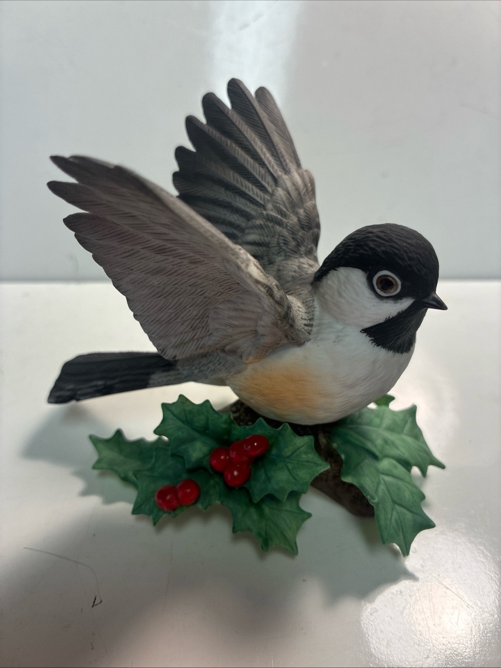Lenox Gray, White and Black Chickadee Figurine with Green Holly and Red Berries